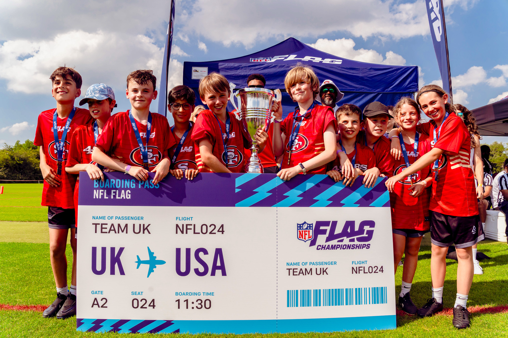 NFL Flag UK National Flag Championship winners posed with their trophy.